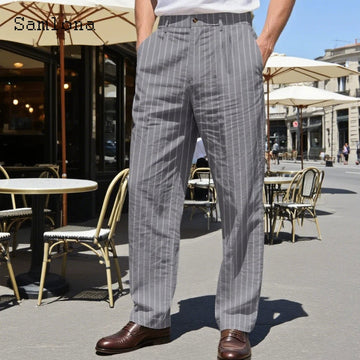 AIDASE  -  Plus Size Mens Fashion Striped Hotpants Loose Classic Linen Bloomer Male Ankle-Length Trouser Men Casual Beach Sweatpants New aidase-shop